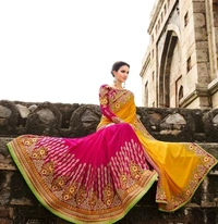  Heavy Embroidered Georgette Multicolour  Saree With Separate  Blouse  for Marriage and party Wear - Yellow/Pink